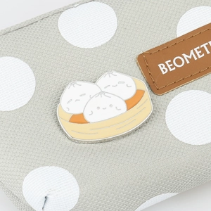 Grey canvas pouch with white polka dots and cute cartoon steamed bun appliques