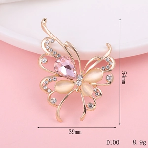 Detailed view of butterfly alloy accessory with pink crystal and yellow cat eye stone