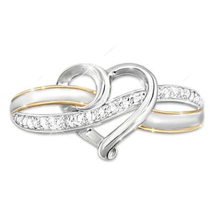 Tweekleurige hartring in goud en zilver met kristallen en oneindigheidsontwerp