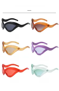 Detail view of wavy oversized cat-eye sunglasses in six stylish fashion colors