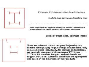 Detailed chart showing sponge padding sizes for jewelry gift boxes and fit suggestions