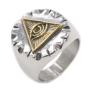 Macro detail of the All-Seeing Eye embossing and brushed metal texture on men's ring
