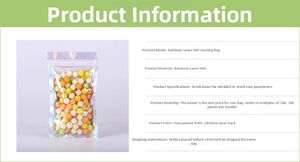 Detailed macro view of rainbow holographic ziplock bag with transparent front and color balls