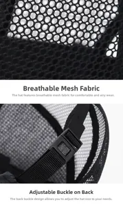 Detail of black breathable mesh fabric and adjustable plastic buckle on outdoor sun hat