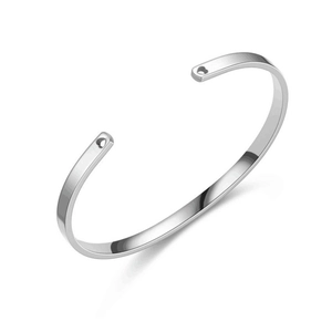 Polished silver stainless steel C-shaped open bracelet featuring end holes for custom beads