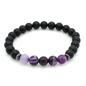 Detail of matte black beads and purple striped agate stones on an elastic bracelet