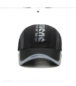 Detail of breathable grey mesh and sport lettering on a black quick-dry baseball cap