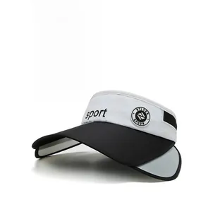 Detail of sport sun visor hat with adjustable wide brim and black and white logo print