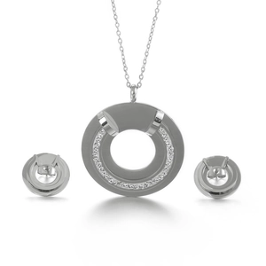 Silver stainless steel jewelry set with hollow round crystal necklace and stud earrings