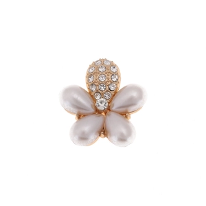 Golden five-petal flower jewelry accessory with white pearl petals and sparkling rhinestones