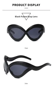Front and side view of futuristic wavy black sunglasses with dark gray lenses