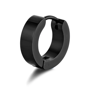 Minimalist black stainless steel hoop earrings with a polished finish and clicker closure