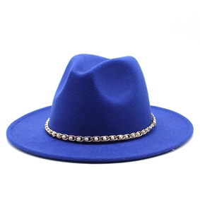 Close-up of royal blue wool fedora hat featuring a gold chain with white pearl accents