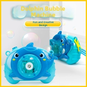 Close-up of dolphin bubble machine camera design with yellow lanyard for kids' outdoor play