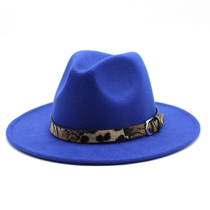 Navy blue wide brim wool fedora hat with leopard print belt and silver buckle detail