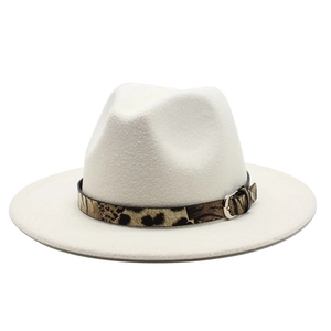 Detail of white wool fedora hat featuring a leopard print band and silver metal buckle