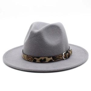 Detail of grey wool fedora hat featuring a leopard print band and silver metal buckle