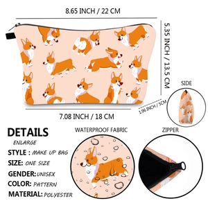 Waterproof polyester cosmetic bag with cartoon Corgi print and zip closure for travel