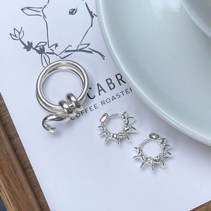 Detail of 925 silver double loop spring ring and spiked hoop earrings on cafe card