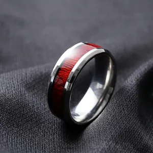Titanium steel ring for men featuring a distinctive dark wood inlay grain surface
