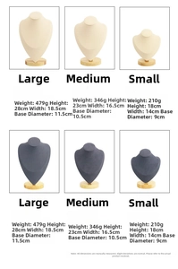 Size specifications for beech wood necklace display busts in small, medium, and large dimensions