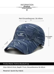 Detailed size specifications of the navy quick-dry baseball cap with 8.5cm brim length