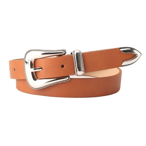 Three-piece retro brown faux leather belt set with engraved silver alloy buckle and tip