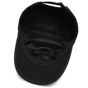 Black cotton cadet cap with adjustable metal buckle strap and detailed inner lining