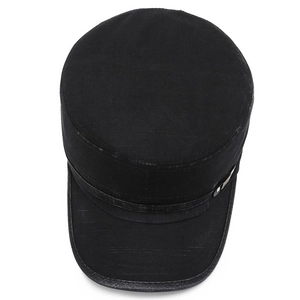 Classic black military flat top cap for men with washed cotton texture and metal side stud