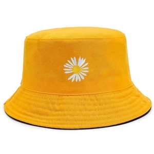 Bright yellow kids bucket hat with daisy embroidery, stylish outdoor cotton sun hat
