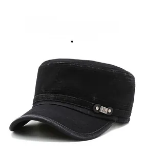 Detail of vintage washed black denim cadet hat with metallic FS FASHION rivet and strap