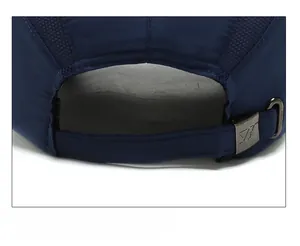Detail of navy blue baseball cap with breathable mesh and adjustable metal buckle