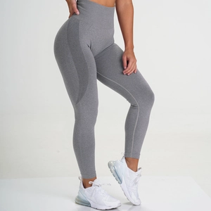 Detail view of high waist seamless marl grey leggings with contouring jacquard textures
