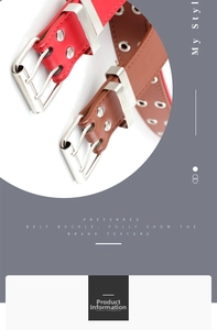 Detail of red and brown punk belts with double grommets and silver pin buckles