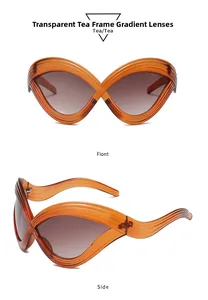 Detailed front and side views of tea-tinted oversized futuristic ribbed sunglasses