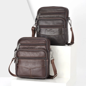 Men Genuine Leather Crossbody Bag Multi Pocket Waist Belt Pouch Top Layer Cowhide Litchi Texture Shoulder Handbag