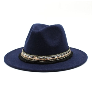 Classic dark blue wool fedora hat with bohemian style sequin ribbon and fringe detail