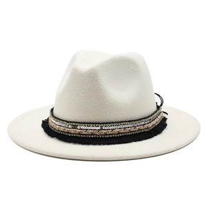 Classic white felt fedora hat with wide brim and ethnic style decorative woven band