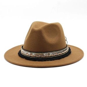 Vintage Wool Felt Fedora Hat Wide Flat Brim Jazz Cap With Bohemia Sequined Ribbon Tassel For Men Women Elegant Winter Autumn