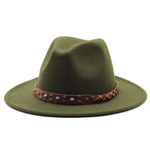 Olive green fedora wool felt hat with bohemian brown leather band and turquoise beads