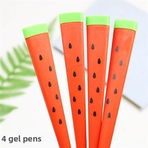 Set of 4 cute watermelon-shaped gel pens with green caps and red textured pen bodies