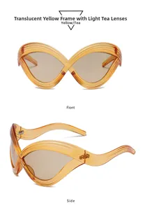 Detailed front and side views of futuristic oversized yellow cat-eye sunglasses