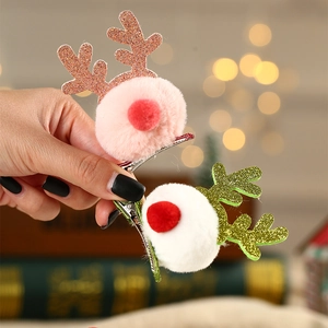 Christmas Reindeer Antler Hair Clips Plush Pom Pom Glitter Sparkly Deer Ear Alligator Clips For Kids Girls Holiday Party Cosplay Accessories