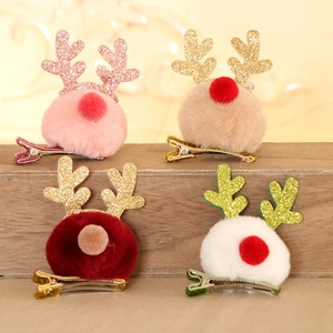 Plush Christmas reindeer antler hair clips in pink beige red and white for kids