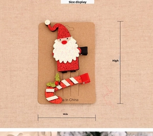 Detail of glittery Santa Claus and candy cane hair clips on display card