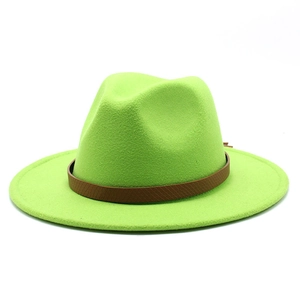 Neon green wool fedora hat with brown faux leather belt band for men and women