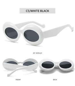Detail view showing front, back, and 45-degree angles of white oval frame sunglasses