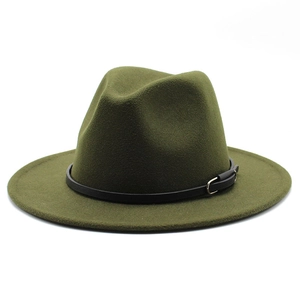 Detail of olive green fedora with black leather band and silver buckle on wool felt