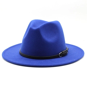 Detail of royal blue wool fedora hat featuring a black leather band with silver buckle