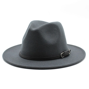 Detail of dark gray wool felt fedora featuring a black leather band and silver metal buckle